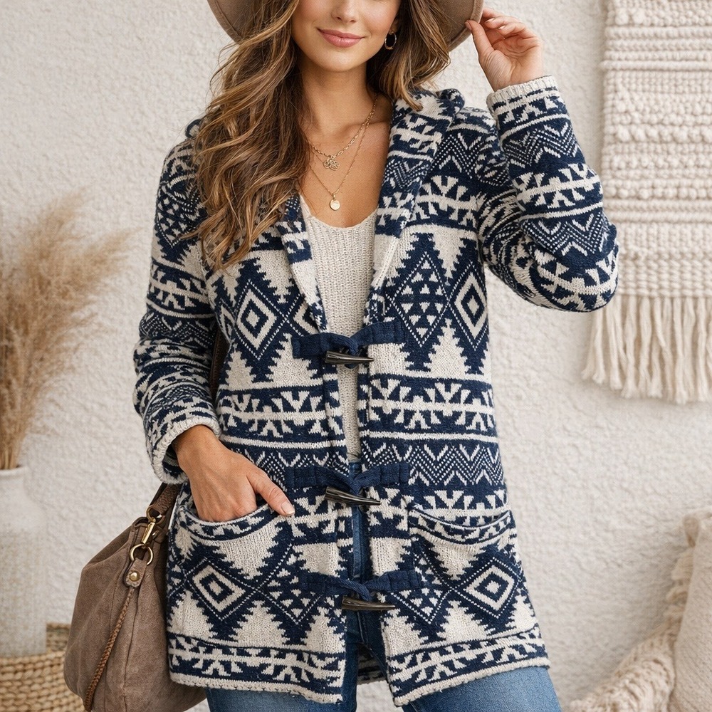 Chaps Aztec Toggle Cardigan Sz S Blue Hooded‎ Knit Southwestern Boho Tribal